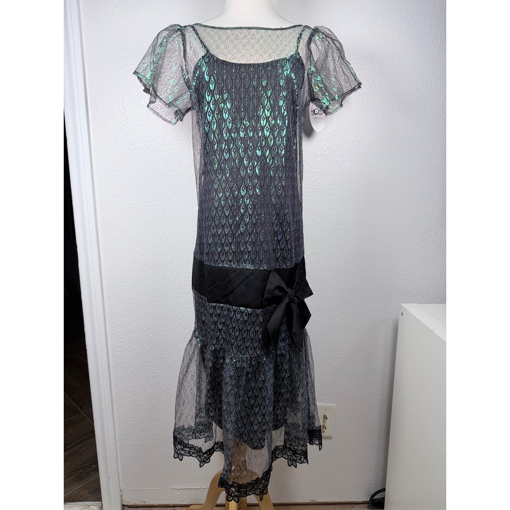 Vintage Inspired Iridescent Peacock Lace Drop Waist Flapper Midi Dress 4 - Picture 2 of 12